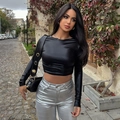Women's slim fit black cropped top and silver metallic trousers streetwear fashion - Black