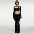 Detail of black hollow knit four-piece set showing texture and chic cutout patterns - S / Top And Bottom / Black
