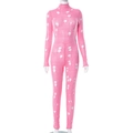 Detailed view of pink knitted jumpsuit featuring distressed ripped hollow out textures - S / Pink