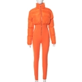 Detailed view of women's orange high-collar puffer jumpsuit with zipper closure - XL / Orange