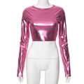 Chic long sleeve crop top in metallic pink finish with a slim fit and crew neck design - S / Pink