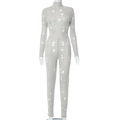 Detail of grey knitted jumpsuit featuring distressed ripped design and ribbed texture - S / Gray