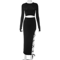 Detail of black crop top thumb holes and high slit skirt with lace-up side design - M / Top And Bottom / Black