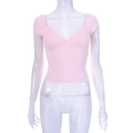 Detail of pink slim fit V-neck crop top featuring ruched chest and knit texture - S / T-Shirts / Pink