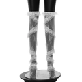 Detail of white floral lace over-the-knee socks with spiral ruffles on black mannequin - One Size / White