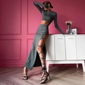 Ensemble gris deux pièces pour femme avec crop top manches longues et jupe longue nouée - Gris
