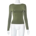 Camiseta entallada de manga larga verde oliva para mujer con cuello redondo clásico - XS / Verde Militar