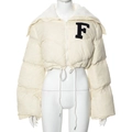 Detail of cream puff jacket featuring fuzzy letter F patch and white faux fur collar - Apricot