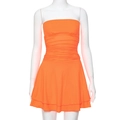 Detailed view of bright orange strapless dress featuring elegant ruching and layered hem - S / Orange