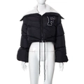 Detail of black cropped puffer jacket featuring a white fleece collar and letter F embroidery - Black