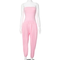 Detail of pink tube top jumpsuit with elastic waist and cuffed hem on mannequin - S / Pink