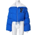 Detail of blue puffer jacket with white faux fur collar and black letter F embroidery - Blue