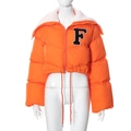 Detail of orange puffer jacket with sheepskin collar and embroidered F letter patch - M / Tops / Orange