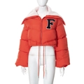 Detail of orange winter jacket with sherpa collar and letter F embroidery on the chest - Red