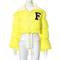 Close-up of yellow puffer jacket with white fleece collar and black letter F embroidery - Yellow