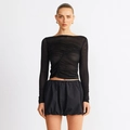 Detail of sheer black mesh top featuring elegant ruched cross-front and off-shoulder neckline - S / Black