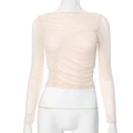 Detailed view of the ruched sheer mesh texture and elegant off-shoulder long sleeve design - S / Apricot