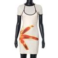 Detail of slim-fit faux two-piece dress with floral print and contrast trim neckline - S / Yellow