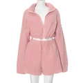 Close-up of pink teddy fleece fabric texture on a long-sleeve zipper top and shorts set - S / Top And Bottom / Pink