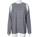 Detail of long sleeve striped top featuring cold-shoulder cutouts with blue contrast trim - S / Blue