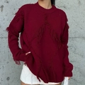 Pull oversize rouge vin à col rond avec détails de franges tendance et maille - S / Rouge