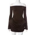 Detail view of the gathered ruched texture on this dark brown off-shoulder mini dress - L / Brown