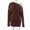 Detail of brown off-shoulder mini dress with long sleeves and lateral ruching design - S / Brown