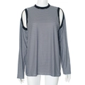 Women's casual striped long sleeve top with shoulder cut-out detail in black and white - S / Black
