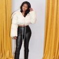 Off-white stand-collar cropped puffer jacket with drawstring hem and black leather pants - White (No Embroidery)