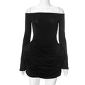 Detail of elegant black off-shoulder dress with ruched design and slim fit long sleeves - Black