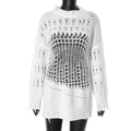 Detailed close-up of white distressed knit sweater with hollow out and ripped hole design - S / White