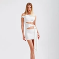Elegant white off-shoulder bodycon mini dress with side cutout and long flowing sash detail - White