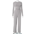 Detailed view of gray long sleeve round neck top and high waist wide leg pants lounge set - Gray Long Sleeve Outfit