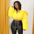 Women's yellow short quilted jacket with white faux fur collar and drawstring hem - Yellow (No Embroidery)