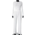 Detail of white long sleeve top and high waist wide leg pants lounge set on mannequin - White Long Sleeve Outfit