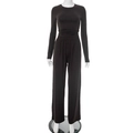 Detail view of coffee brown loungewear set with pleated top and high waist wide leg pants - Brown Long Sleeve Outfit