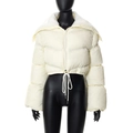 Women's cream short puffer jacket featuring a plush faux fur collar and adjustable drawstring hem - Apricot (No Embroidery)