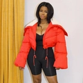 Short red puffer jacket with wide white faux fur collar and drawstring hem for women - Red (No Embroidery)