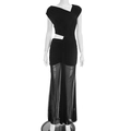 Detail view of black cut-out dress featuring asymmetric neck and sheer mesh mermaid hem - S / Black