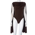Detail view of dark brown cowl neck bodysuit with long cape sleeve design - Brown