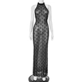 Detail of the black lace halter neck long dress with intricate floral patterns and textures - M / Black