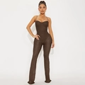 Sexy dark brown lace jumpsuit with thin straps and sheer mesh texture for women - L / Brown