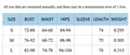 Size chart for slim cowl neck sleeveless dress showing S to L dimensions and weights - Order From New Store