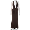 Detail of elegant dark brown halter neck maxi dress with ruched waist and fishtail hem - Brown