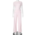 Close-up of light pink two-piece casual lounge set with t-shirt and wide-leg trousers - Pink Short Sleeve Outfit