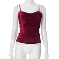 Detailed macro shot of burgundy ribbed velvet texture on a slim fit camisole top - S / Red