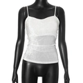 Macro view of white camisole top featuring vertical pleated texture and slim shoulder straps - S / Beige
