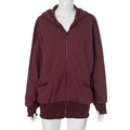Detail of burgundy waffle knit zip-up hoodie featuring ribbed cuffs and metal zipper - S / Burgundy