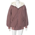 Close-up of pink hooded jacket with white sherpa lining and utility sleeve pocket - S / Deep Pink