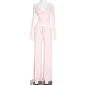 Detalle de conjunto casual rosa claro con top abotonado y pantalón con cordón - S / Rosa